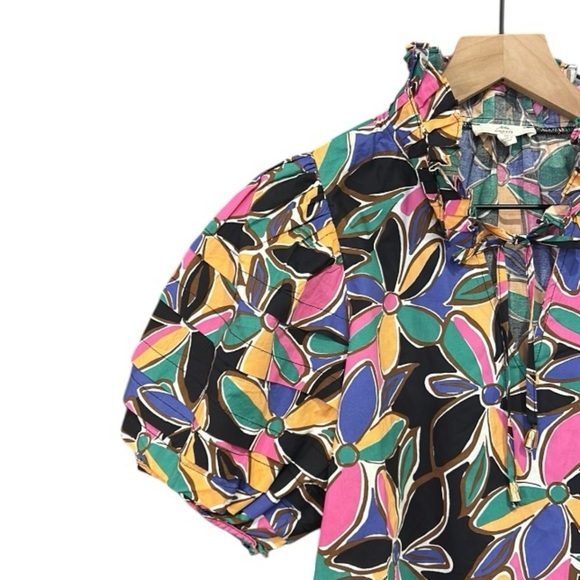 Entro Floral Print Short Puff Sleeve Tiered Detail Blouse In Multi Size Medium - Picture 8 of 12